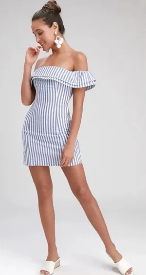 Lulus Seaside Skipper Blue White Striped Off Shoulder Mini Dress XS NWT thumbnail 1
