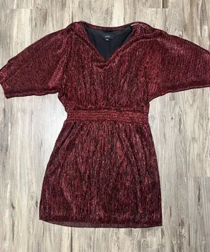 MSK Metallic Pleated Blouson Dress XL Red Black Shimmer Rhinestone Accent thumbnail 1