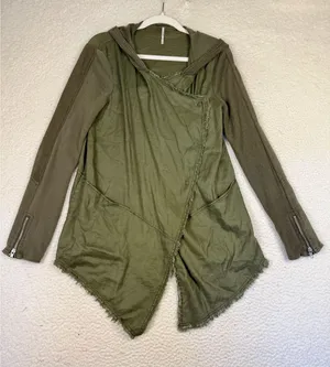 Free People Wrap Hoodie Womens S Green Hooded Military Fringe Button Lightweight thumbnail 1