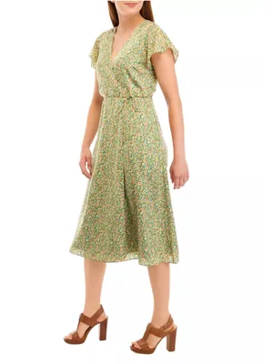 Lost + Wander Green Floral Wrap-Style Midi Dress Women's Wild Poppies Sz Small thumbnail 3