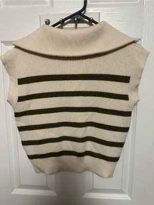 Anthropologie Cream and Olive Striped Half-Zip V-Neck Sweater Vest thumbnail 6