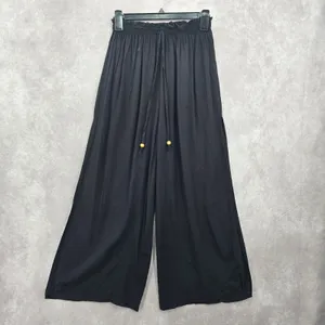 Black Wide Split Flowy Straight Beach Vacation Lounge 90s Pullon Boho Pants XS‎ thumbnail 7