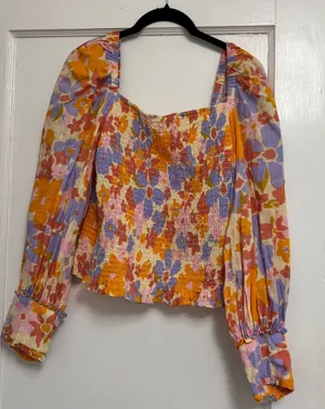 Free People Floral Smocked Square-Neck Top - Orange, Purple, Pink thumbnail 1