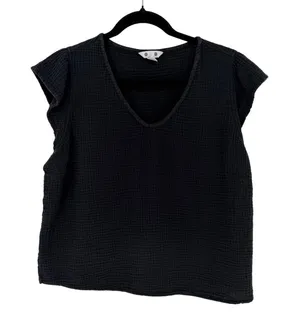 Three Dots Black‎ Double Gauze Cotton Top Flutter Sleeve Boho Coastal Blouse, L thumbnail 1