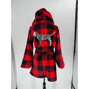 Victoria's Secret Robe Women XS/S Red Black Buffalo Plaid Sequin Cozy Cabin thumbnail 9