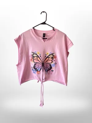 Handmade Butterfly Tie Front Back Pink Crop Tee L Adjustable thumbnail 7