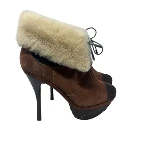 L.A.M.B Pier Booties Suede Shearling Platform‎ Boots High Heels Brown Size US 8 thumbnail 4