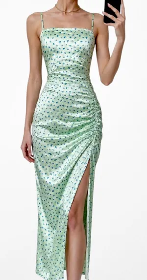 Zara Pastel Green Blue Printed Satin Midi Ruched Side Slit Summer Sundress S thumbnail 1