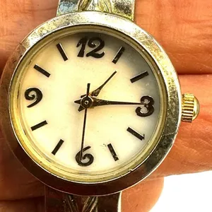 Vintage gold tone bracelet watch abalone face thumbnail 5