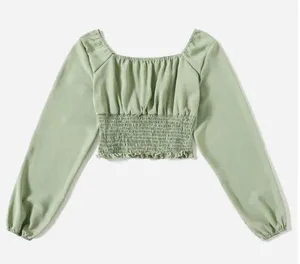 Solid Ruched Bust Scoop Neck Shirred Blouse thumbnail 2