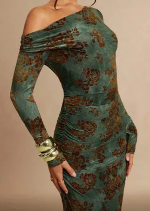 SheIn Silquee Green Flocked Floral Off-Shoulder Ruched Long Sleeve Elegant Maxi Dress thumbnail 3