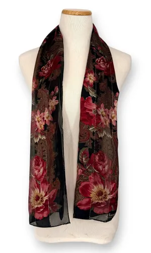 VINTAGE Ralph Lauren Silk Sheer Black w/ Red Floral & Gold Thread 54 X 11" Scarf thumbnail 1