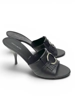 Amalfi Black Italian Leather Fringe kitten-heel mules thumbnail 2