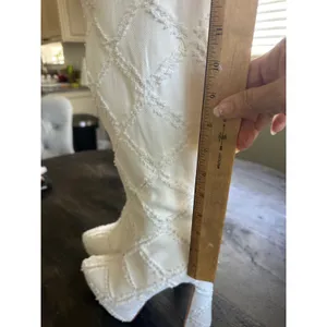 White Frayed Denim Quilted Platform Knee High Boots Pointed Toe Block Heel 8.5 thumbnail 5