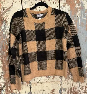 NWT Oak + Fort Checkered Crewneck Sweater Size Small Black & Tan thumbnail 1