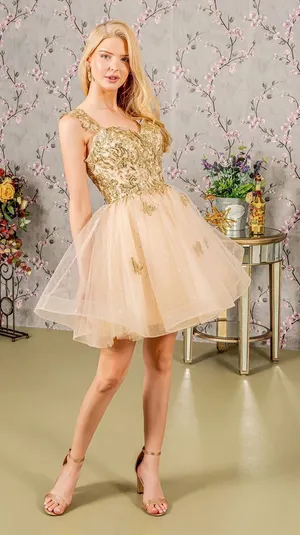 Fiesta Fashion Gold Butterfly Appliqué Sequined Corseted Fit & Flare Party Dress thumbnail 1