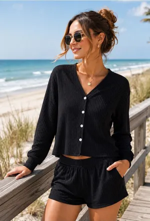Cupshe Black Lounge Set‎ Ribbed Button Front Top Shorts Set NWT Small thumbnail 1