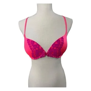 Victoria’s Secret Push Up Bra 34B Plunge Neon Pink Underwire Purple Floral Lace thumbnail 11