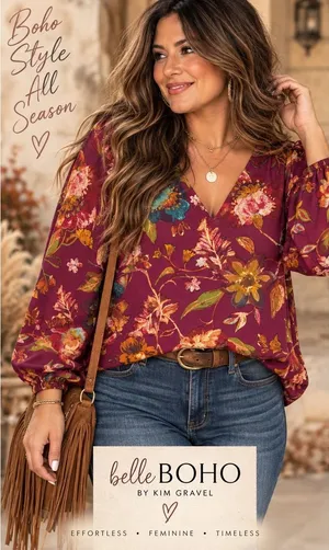 Belle Boho Kim Gravel Burgundy Floral V-Neck Blouse Long Sleeve S thumbnail 1