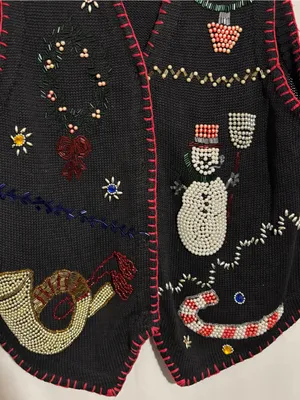 Victoria Jones Medium Beaded Black Holiday Vest with Red Trim Snowman Snowflakes thumbnail 3