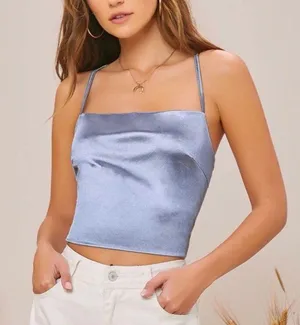 Satin New Crop Top Tie Up Back Blue Periwinkle Size Small thumbnail 1