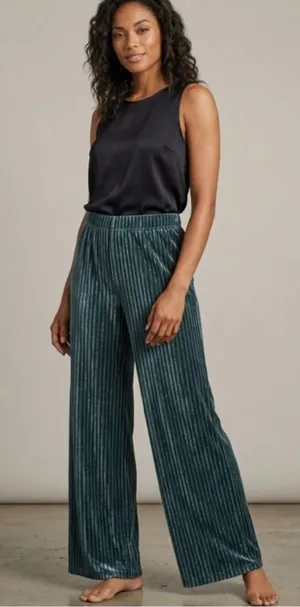 House of Harlow 1960 Teal Green Velvet Striped Wide Leg Pants Small Stretch thumbnail 1