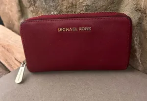 Michael Kors Wine Saffiano Leather Wallet with Gold Logo thumbnail 1