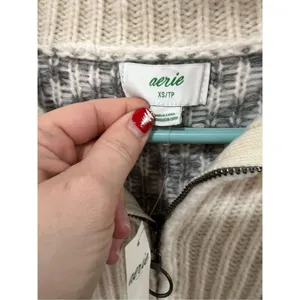 Aerie NWT Gray Cream Wool Blend 1/4 Zip Pullover Sweater Oversized XS thumbnail 4