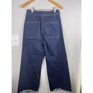 Zara Woman High Waist Wide Leg Crop Jeans Dark Indigo Raw Hem Rigid Denim Size 1 thumbnail 6