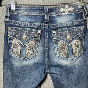 Miss Me Mid Rise Skinny Jeans Angel Wing Embellished Blue 26 x 30 Flap Pockets thumbnail 8