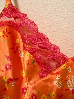 Victoria's Secret Vintage 2001 satin nightie, orange floral print, sz M thumbnail 6