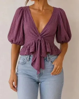 Free People Purple Textured Wrap Peplum Top L Puff Sleeve Boho Tie Front thumbnail 1