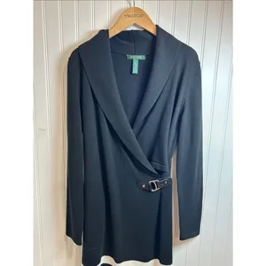 Lauren Ralph Lauren Black Dress with WHITE Hem Stripe and Side Buckle Size M. thumbnail 4