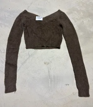 American Eagle NWT Brown Fuzzy Off-Shoulder Cropped Sweater SMALL MSRP$45 thumbnail 1