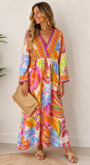 Emma & Michele XL Tropical Floral Boho Resort Maxi Dress Bell Sleeve‎ thumbnail 1