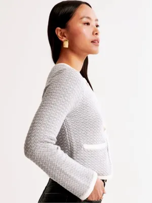 Abercrombie & Fitch Light Blue Textured Crewneck Cardigan with Cream Trim thumbnail 2
