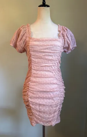 Blashe Pink Dot Ruched Mesh Mini body Dress Puff Sleeve Bodycon y2k dainty Large thumbnail 1