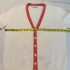 Vintage 60s 70s Arnold Palmer White Cardigan Sweater w/ Red Gingham Trim preppy thumbnail 6