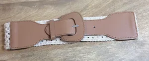 Boho Crochet Cinch Waist Belt Tan Cream Faux Leather Buckle Wide Small thumbnail 1