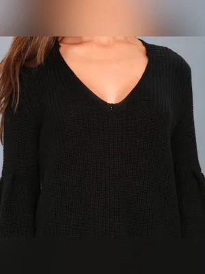 Free People Black Bell Sleeve V Neck Cotton Knit Sweater Medium 70s Cropped thumbnail 2