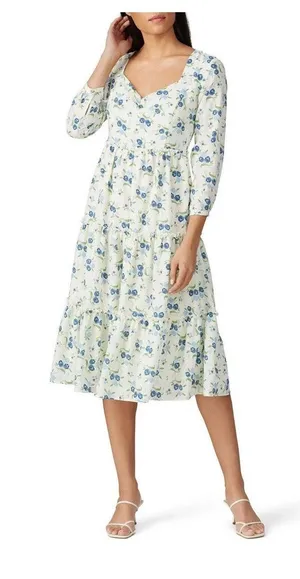 Sweet Baby Jamie Ivory Floral Print Tiered 3/4 Sleeve Midi Dress Size XL thumbnail 1