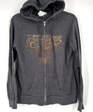 Vintage Y2K‎ Harley Davidson Women Gray Full Zip Hoodie Sweatshirt Medium Flames thumbnail 1