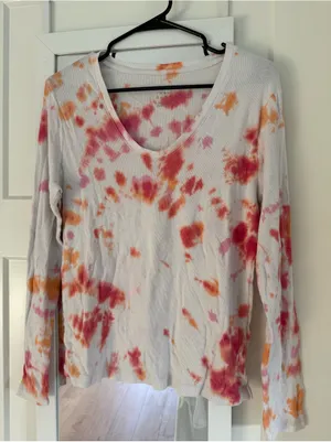 Women’s Long-Sleeve Tie-Dye V-Neck Top in Pink & Orange A New Day Sz L thumbnail 1