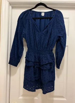 Smocked Waist Eyelet Long Sleeve Dress - Navy thumbnail 1