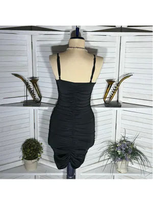 Vintage Y2K black mini dress ruched stretchy bodycon deep V homecoming clubbing thumbnail 2