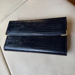 Mundi VTG Black Lizard Embossed‎ Leather Checkbook Wallet Kiss Lock Coin Purse thumbnail 2