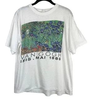 Vintage 90s Van Gogh Irises Painting Single Stitch Tee Tshirt Graphic Art L/XL thumbnail 1