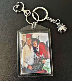 Personalized Double Sided Photo Keychain. Includes Heart Shape Silver Medal Keychain Spring Snap Clip with Lady Bug. thumbnail 1