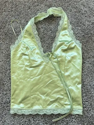 Satin Lace-Trim Halter Camisole in Light Green thumbnail 1
