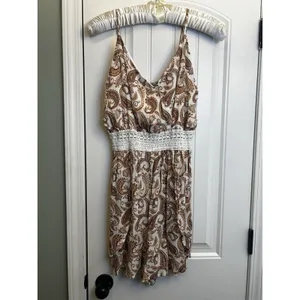 Justify XL Cream Brown Paisley Rayon Crochet Waist Sleeveless Boho Jumper Dress thumbnail 7